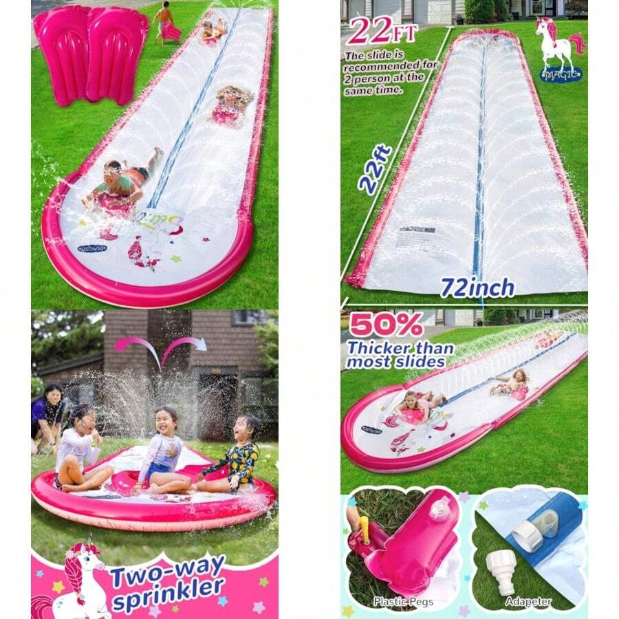 Spring Water Tobogán Acuático Deslizante de 22 Pies Rosa con 2 Tablas de Bodyboard para Niñas - como en la foto - Ver 1