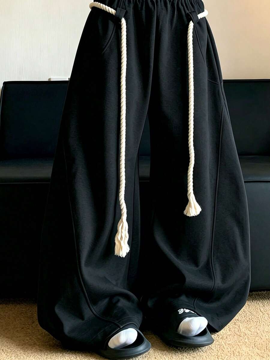 Men's Grey Thick Rope Drawstring Loose Wide Leg Casual Pants