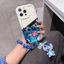Disney Has Authorized, Phone Case - Chain Set, The Stitch Lilo & Stitch Phone Case Plus A Silicone 3D Or Fluffy Style Stitch Bracelet With Metallic Ring Removable Bracelet, Stitch And Angel Pattern, Compatible With Iphone 17/16/15/14/13/12/11/XS/XR/X Plus Pro Max, Wavy Design Phone Case For Girl, A Stylish Cartoon Summer Phone Case, The Perfect Gift Choice, Phone Protection, Durable Phone Cover, Great Gift For Friends And Family - 白色款式B - 查看 1