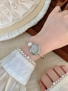 1pc Women's Oval Silver-Black Square Gold-Tone Dial Quartz Casual Watch, Suitable For Daily Wear - Grey - View 2