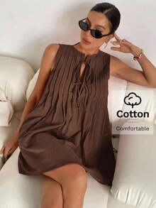 Vestido corto informal versátil de cuello cerrado sin mangas para mujer, detalles de pliegues y cordón delantero.Tela 100% algodón cómoda y transpirable, silueta holgada.Ideal para verano, playa y vacaciones. - Café integral - Ver 5