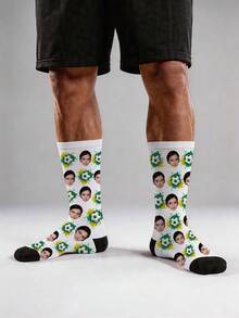 Customized Photo Face Football Socks | Personalized Cartoon Soccer Player Socks | Men's Mid-Calf Sports Socks | Unique Gift For Football Fans And Boyfriends - Multicolor - View 4