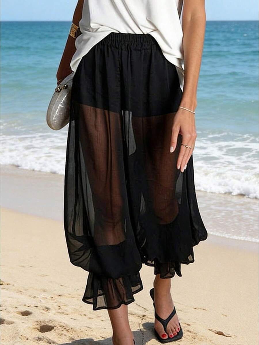 Pantalones Capri Bloomers para mujer, pantalones casuales transparentes con pantalones cortos de  para uso diario en la calle. - Negro - Ver 1
