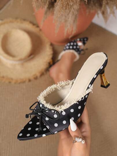 Women's Pointed Toe High Heel Bowknot Polka Dot Mule Slippers, Nightclub Bowknot Buckle Party, Slip-On Comfortable Open Toe Polka Dot Outdoor High-End Sandals, Comfortable Elegant Sexy, Lightweight, Breathable, Suitable For Daily Casual, Shopping, Office, Pointed Toe Party Without Foot Fatigue