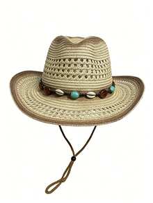 Unisex Brown Hollow Straw Cowboy Hat, Suitable For Outdoor, Casual, Beach, Vacation,Summer - A - View 9