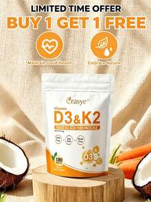 Erasye Vitamin D3 K2 Supplement 5000  D3 100 MCG K2 180 Softgels Coconut Oil Based Dietary Support For Bone And Immune Health GMO Free Soy Free Gluten Free - - - 查看 3