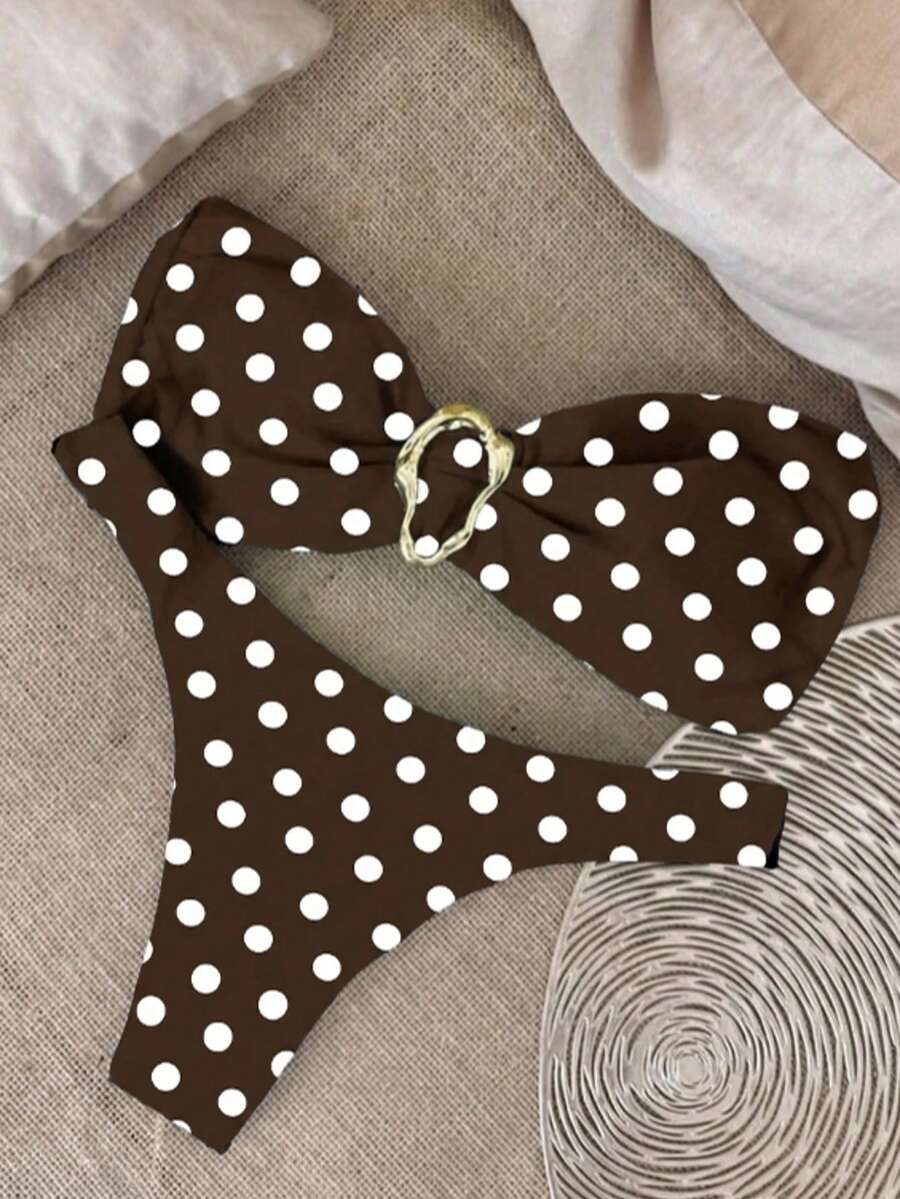 Bộ bikini chấm bi gợi cảm, thanh lịch, thoải mái, không dây đeo vai, thích hợp cho kỳ nghỉ hè, tiệc tùng, hẹn hò, đi biển. - Cà phê nâu - Xem 1
