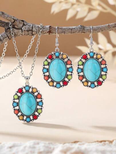 TopHanqi 3件套波西米亚风绿松石串珠项链耳环套装，复古度假风首饰，适合女性日常、派对、聚会佩戴