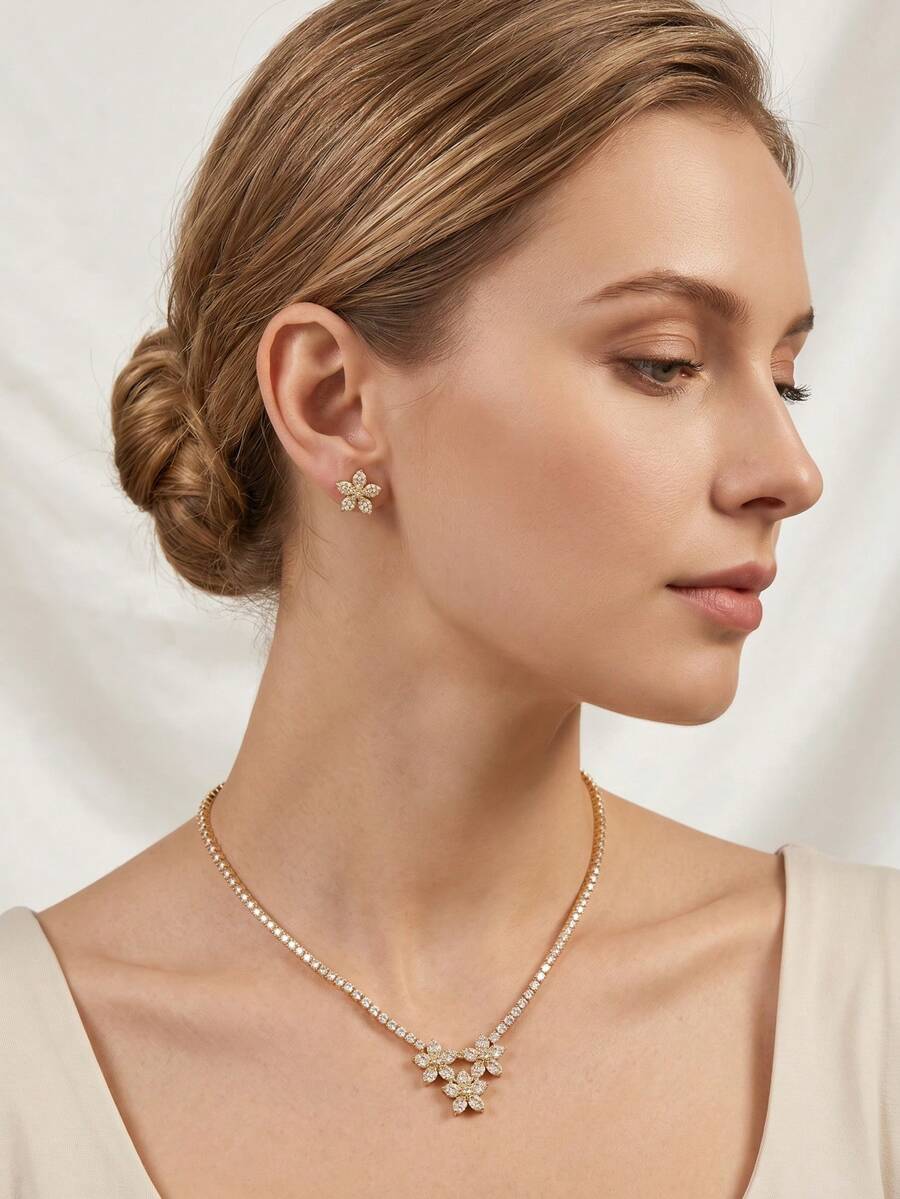 1 Conjunto Elegante e Luxuoso de Colar e Brincos com Desenho de Florzinha Incrustada de Zircônia Cúbica, Adequado para Casamento e Uso em Festas de Mulheres, Inclui 1 Par de Brincos e 1 Colar, Excluindo a Caixa de Presente - Ouro amarelo - Visão 1