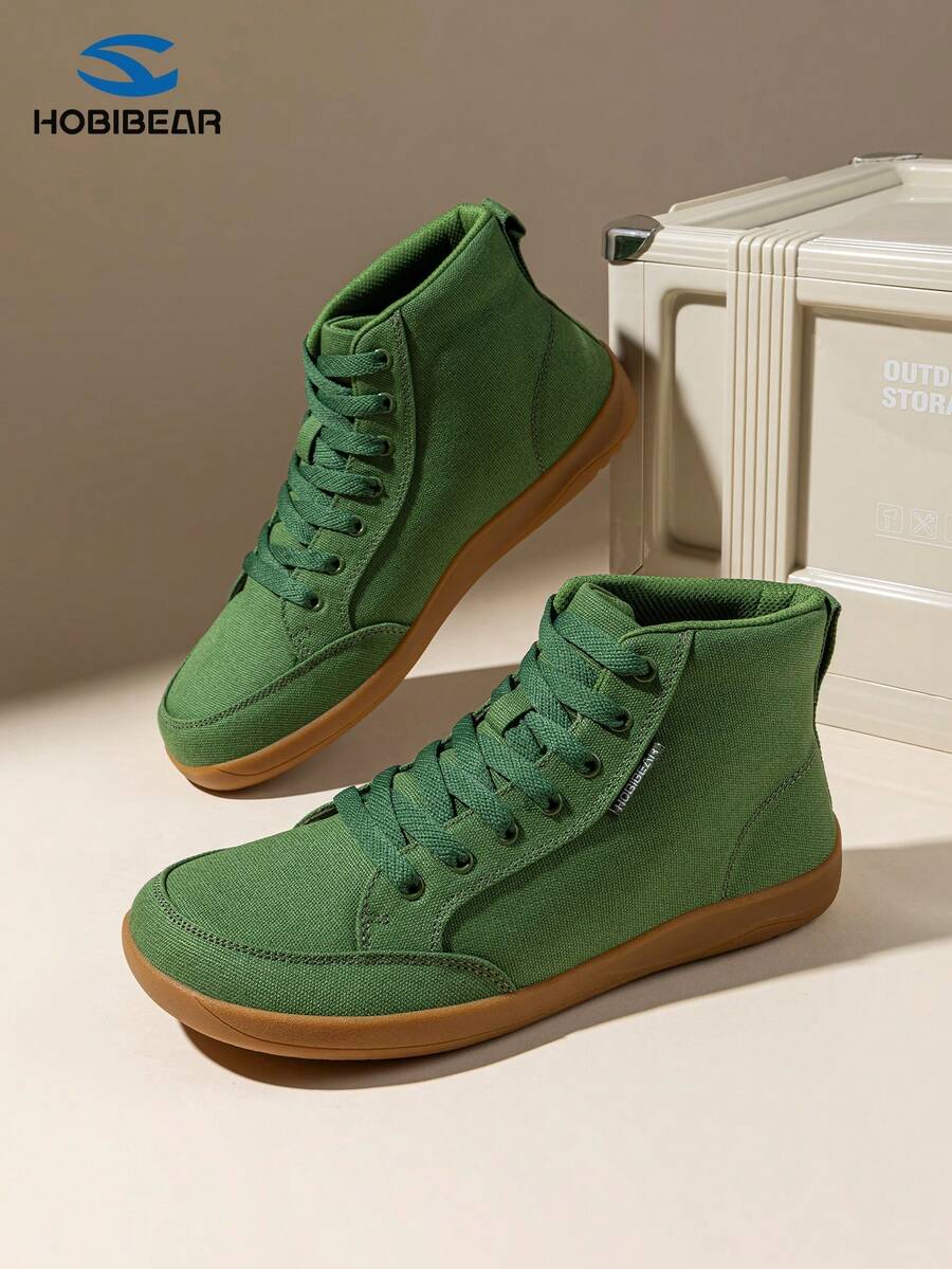 Giày thể thao cao cổ bằng vải bố unisex, mũi rộng, đế bằng phẳng, giày casual buộc dây màu xanh lá cây, kiểu dáng tối giản. - màu xanh lá - Xem 1