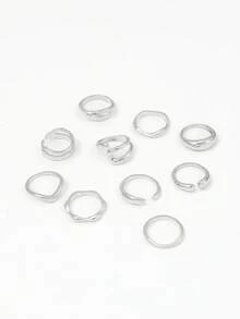 6pcs Smooth Geometric Oversized Fashion Rings, Vintage Brass Tone Classic French Style Rings For Women - Silver - View 3