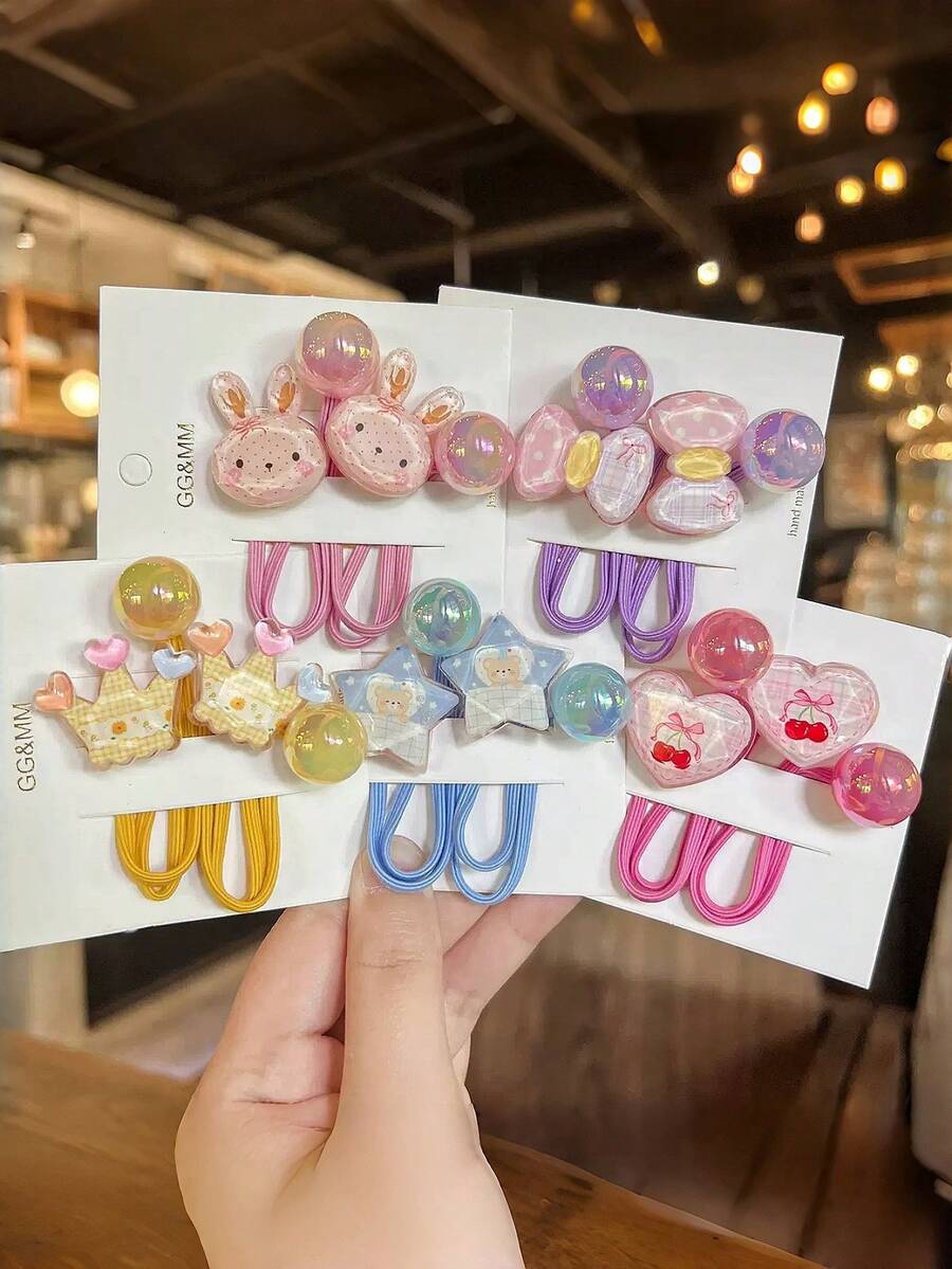 5pcs Girls Cute Versatile Cartoon Rabbit, Heart, Cherry Elastic Hair Ties, Hair Scrunchies - Multicolor - View 1