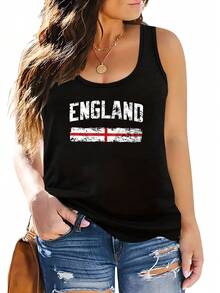 Plus Size, Women's Casual Plus Size Sleeveless Round Neck Tank Top With England St. George Cross Vintage Flag Style Print, Soft Polyester And Spandex, Stretchy Round Neck Top, Machine Washable, Perfect Choice For Spring And Summer, Lightweight Plus - 黑色 - 查看 1