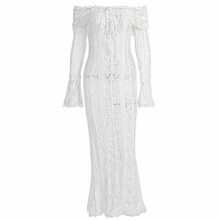 Vestido largo de encaje francés de otoño con hombros descubiertos y mangas de campana elegante y moderno para mujer - Blanco con ribu - Ver 5