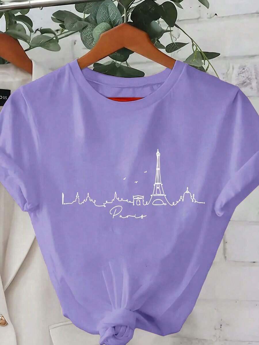 Camiseta para mujer con estampado de siluetas de escenarios de París, camiseta de manga corta con cuello redondo y estampado de líneas artísticas de París, camiseta gráfica casual para mujeres - Morado - Ver 1