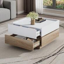 Functional Coffee Table, Living Room Table, 360° Rotating Top With 2 Shelves And Storage Cabinet, Side Table With Walnut Frame For The Living Room, White, 60*60*38cm - Natural White - View 4