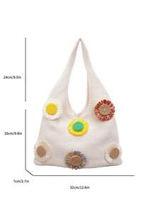 Women's Summer Beach Tote Bag - Decorated With Sunflower Patch, Large Capacity Open-Top Handbag, Suitable For Casual Outings And Coastal Vacations, Beach Tote Bag, Bohemian Style, Woven Material, Spacious Handbag, Essential For Vacation, Ideal For Work, Back To School - Beige - View 5