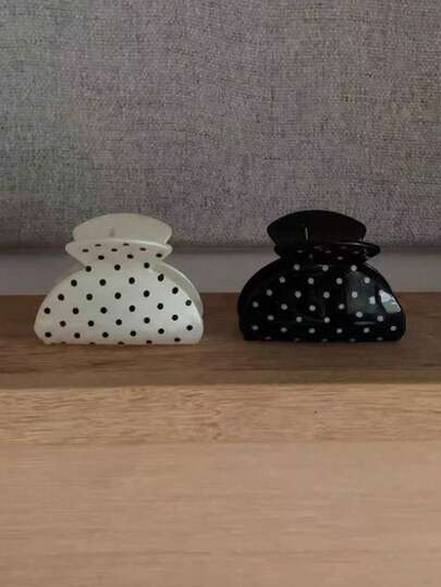 2pcs/Set Women's Plastic French Black & White Polka Dot Small Hair Clips, Fashionable And Practical, Solid Color Design, Suitable For Daily Use, Casual Outings, Parties, Commuting, Beach, Various Hairstyles, Face Washing, Makeup And Summer Accessories