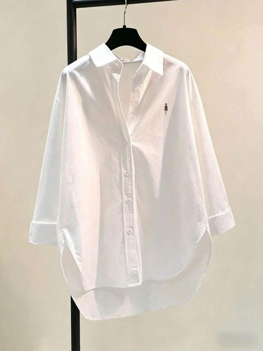 Plus Size Long Sleeve Shirt, Embroidered Accents For Non-Monotonous Style, Versatile For Daily Wear, Shirt Collar Button Details And Asymmetric Hemline White Spring - White - View 1