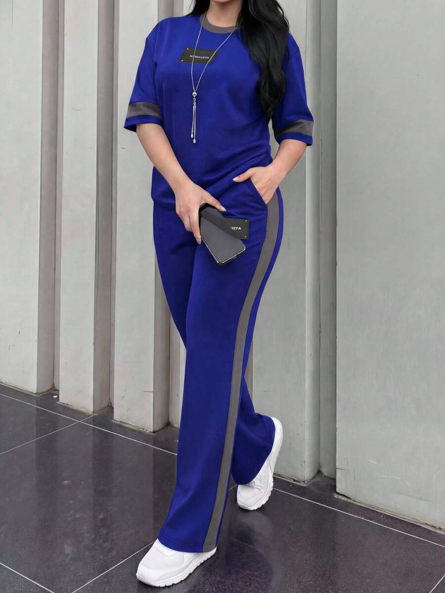 女士春秋季圆领短袖T恤和松紧腰宽松长裤两件套，休闲日常夏季穿着 - 藍色142 - 查看 1