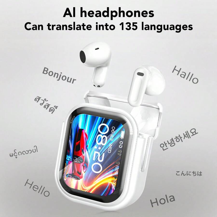 HTC NE20 AI Translation Earphones: Support Over 131 Languages Translation, Wireless 6.0, Ultra-Long Battery Life, Touch Control, Smart LCD Display, Suitable For Fitness, Travel, Work And Other Scenarios As Gaming Headphones