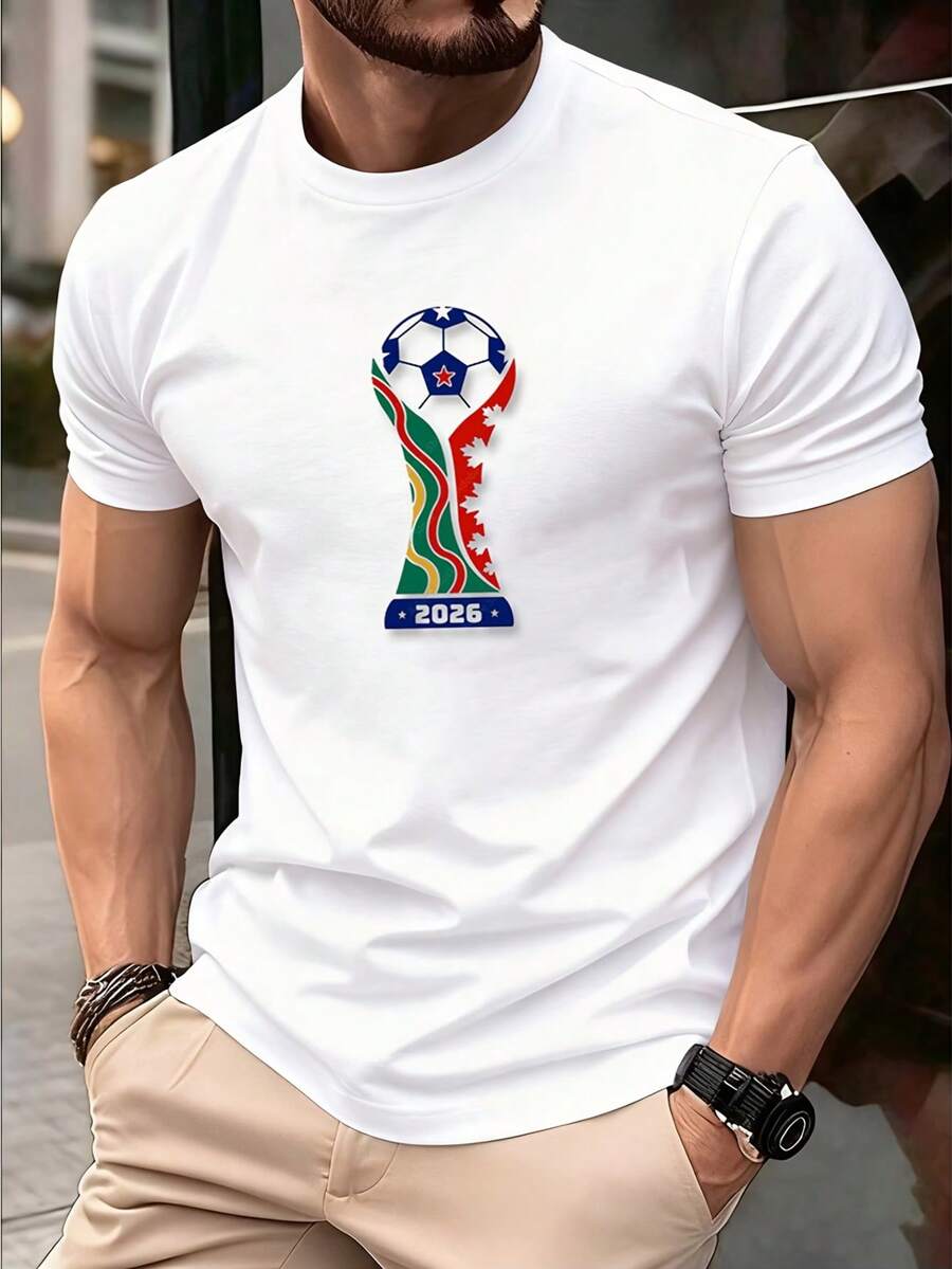 2026 Nova Camiseta Masculina da Moda, Camiseta com Estampa do Troféu da Copa do Mundo para EUA, Canadá, México, Camiseta Esportiva de Futebol de Manga Curta Confortável para o Verão - Multicolorido - Visão 1