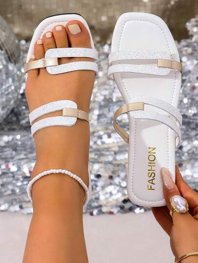 新款夏季方头女士高跟凉鞋，粗跟防滑一脚蹬，适合派对、夜店、宴会等场合，闪亮迷人，易于穿脱，百搭时尚