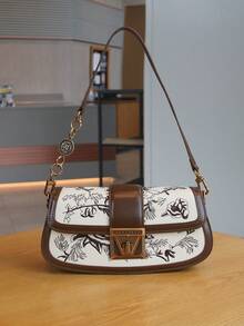 Sac à bandoulière à la mode pour femme 2026, design vintage brodé, boucle métallique robuste, sac bandoulière croisé, color block, élégant, haut de gamme en PU - Tabac - Voir 8