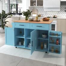 129x46(71)x91,5 cm großer Speisewagen/Sideboard, Arbeitsplatte mit Massivholzmaserung + blauer Schrank/faltbare Arbeitsplatte/Aufbewahrungstür-Design/Räder/Massivholzfüße umschaltbar/für Zuhause geeig - Voitures bleues - Voir 2