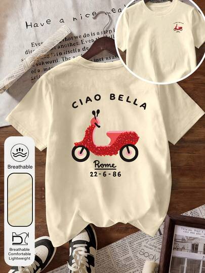 Áo thun nữ cỡ lớn kiểu dáng đơn giản mùa hè, cổ tròn, tay ngắn, họa tiết xe tay ga màu đỏ ruby, thích hợp cho kỳ nghỉ. Áo thun nữ mùa hè kiểu dáng cổ điển, tay ngắn, họa tiết Ý, màu mơ, thích hợp cho du lịch. Phong cách thường ngày.