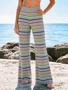 Women's Colorful Striped Yoga Pants Fixed Fold-Over Low Rise Bell Bottoms Workout Trousers - Grey - View 5