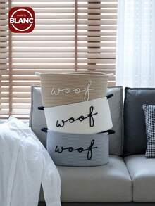 1 Giỏ đan dây thừng đựng đồ với họa tiết thêu "Woof Woof" - Giỏ đựng đồ chơi cho thú cưng, có thể đựng đồ chơi gặm, chăn và dây xích, tay cầm màu xanh hải quân, thiết kế xếp chồng được, giỏ đựng đồ cá nhân hóa cho mèo và chó, quà tặng cho thú cưng - Nhiều màu - Xem 2