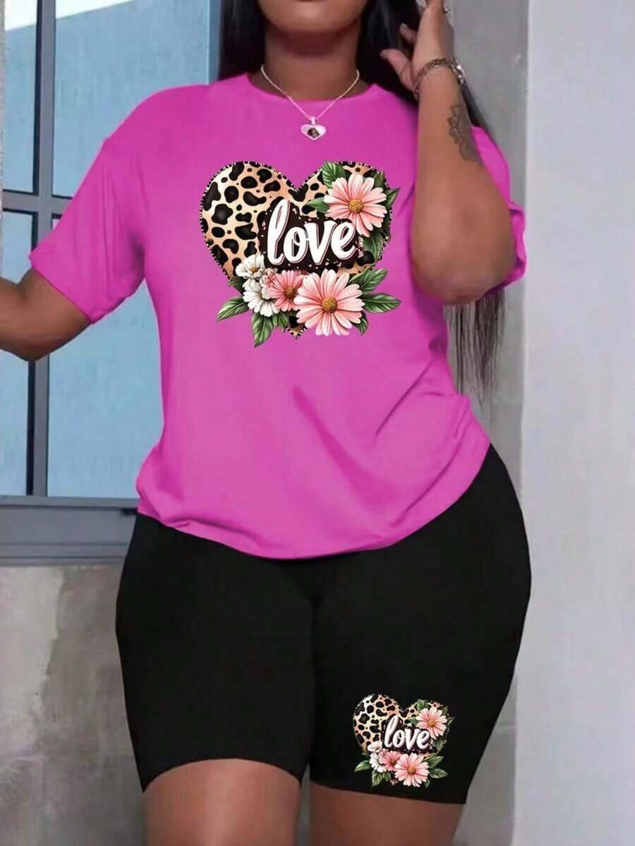 Plus Size Women's Short-Sleeved Top And Short Set, Spring And Autumn Women'S Leopard Print Heart Pattern T-Shirt And Shorts Set,Staying At Home, TravelingHiking,Sports,Camping,Workout,Hiking Clothes - 玫紅色 - 查看 1