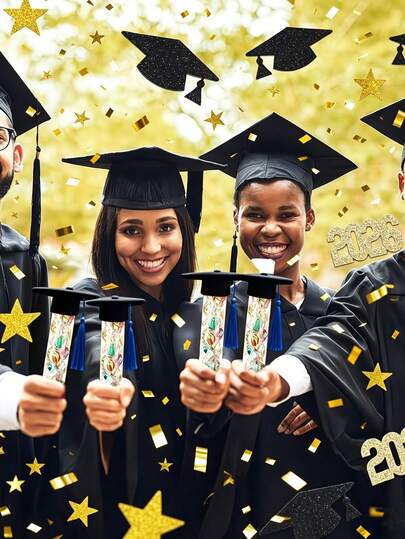 180/90pcs Black & Gold Graduation Theme Multicolor Confetti, Graduation Cap, 2026 Shaped Confetti, 2026 Graduation Ceremony Multicolor Confetti, Graduation Party Tabletop Centerpiece Decor, Graduation Party Supplies, School Party Decorations, Party Supplies, Suitable For Graduation Celebration Confetti, 2026 Graduation Party Decorations, Tabletop Centerpiece