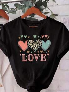 Camiseta casual de mujer en poliéster, cuello redondo, manga corta, largo regular, con estampado de leopardo y corazón de amor. - Negro - Ver 2