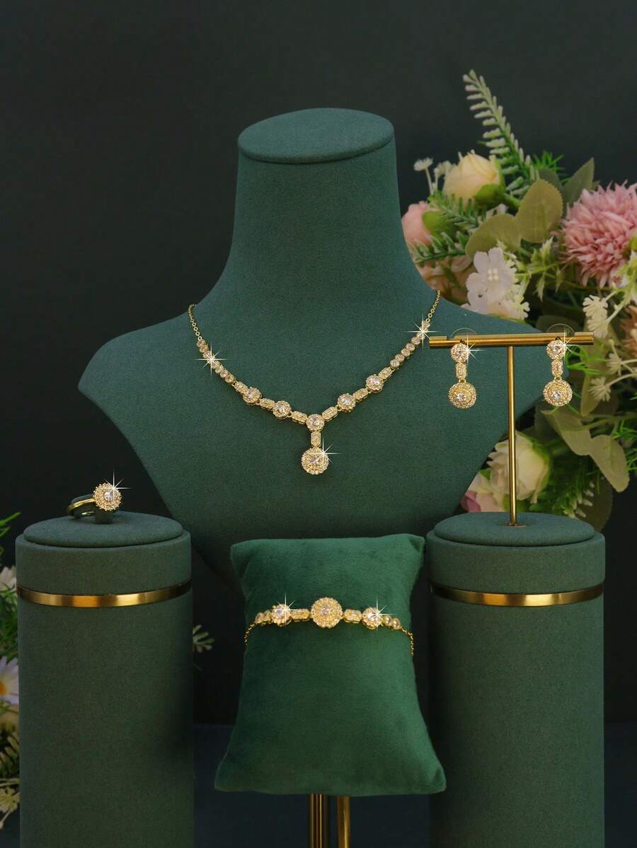 5pcs 18K Gold Plated Elegant Series Jewelry Set, Handset White Cubic Zirconia Water Drop Pendant Design Including Necklace, Bracelet, Earrings, Ring, Suitable For Daily Wear And Parties, Mother's Day Gift