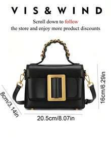 1 pieza Bolso de hombro de tela de PU de unicolor de primavera, bolso de hombro cuadrado de moda retro para mujer, diseño de asa superior única, cierre a presión, correa de hombro ajustable y desmontable para usar en el hombro o cruzado, adecuado para oficina, campus, trabajo, viajes y ocasiones casuales - Negro - Ver 4