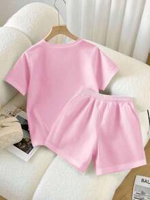 Conjunto de dos piezas casual  2026: camiseta cuello redondo + shorts con cordón color café, ideal para verano - Rosa - Ver 2