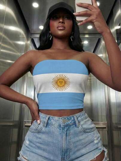 Áo croptop nữ kiểu dáng thường ngày không dây vai, hở lưng, in hình cờ Argentina, thích hợp cho thời trang thể thao mùa hè và mùa xuân, trang phục đi nghỉ mát, đồ cần thiết cho World Cup 2026, trang phục xem bóng đá dành cho nữ.