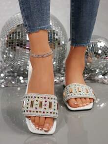 1 Pair Plus Size Shiny Gold Color, Rhinestone & Double Pearl Decor Slides, Elegant & Fashionable For Party, Vacation, Beach, Comfortable Slip-On Flat Mules, Suitable For Daily Wear, Size 41-42-43 - White - View 6