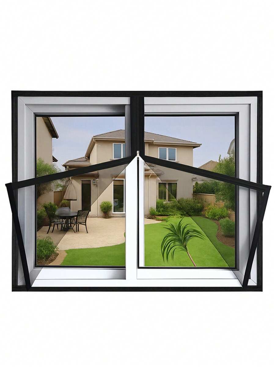 Zippered Window Screen Mesh Set | High-Density PP Nano Mesh, Mosquito & Insect Protection | Self-Adhesive Hook And Loop Installation, Easy Access To Window Handle - Black Zipper Style - View 1