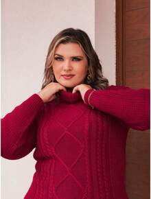 Plus Size Winter Knit Blouse With High Neck - Size GG - Burgundy Red - View 3