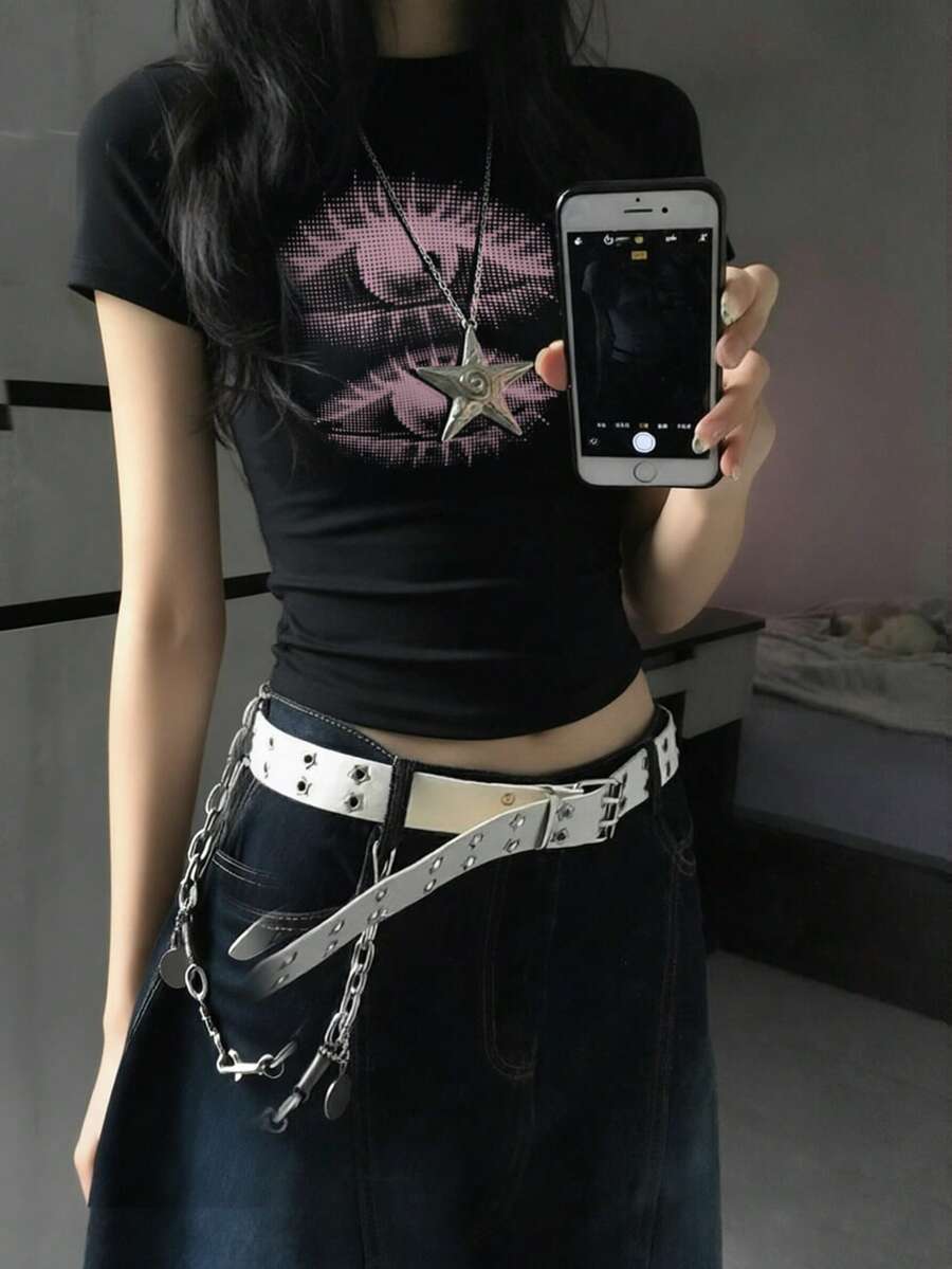 女款圓領短袖T恤,夏季新款眼睛圖案印花,美式辣妹風,時尚休閒百搭修身短版上衣,黑色 - 黑色 - 查看 1