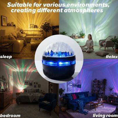 1个水波纹投影灯，可作夜灯、阅读灯、台灯、投影灯、氛围灯，适用于卧室、书房、客厅、KTV、音乐室，情侣礼物，节日装饰，营造浪漫、温馨、可爱氛围，RGB灯光效果，变色，带遥控器，USB接口，USB灯饰，电脑配件