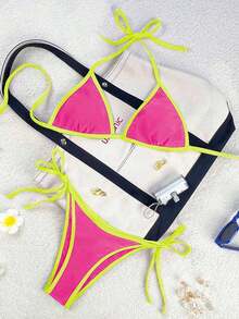 Traje de baño para mujer Swim Mod 2026 Primavera/Verano, con tirantes finos y cuello halter, en azul marino y amarillo en contraste, conjunto de bikini con lazo lateral para vacaciones. - Multicolor 2 - Ver 2