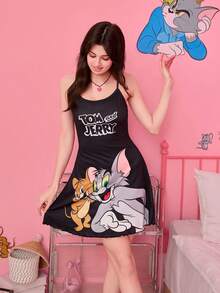 OBM Sleepwear X TOM & JERRY 聯名女吊帶睡裙，可愛卡通印花，親膚家居服 - 黑色 - 查看 4