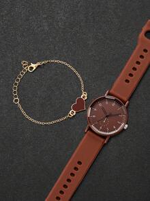 2pcs/Set Women's Silicone Watch With Elegant Numeric Dial, Quartz Wrist Watch + Heart-Shaped Bracelet (Watch Box Not Included) - Brown - View 4