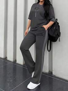 2pcs Women's Spring/Autumn Round Neck Short Sleeve T-Shirt And Elastic Waist Loose Pants Set, Casual Daily Wear Summer - Dark Gray 23 - View 7