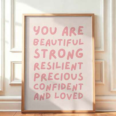 1pc You Are Beautiful Girls Affirmation Wall Art Poster- Pink Positive Self-Image Poster Suitable For Room, Bedroom, Living Room,Room Decor,Home Decor,- Minimalist Modern Vertical Text Decor,Beige Neutral Spray Print,No Frame