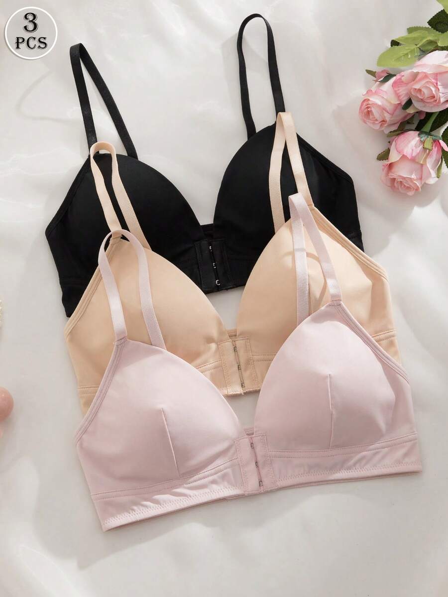 3 pezzi Reggiseno con chiusura frontale senza ferretto, imbottitura rimovibile, spalline regolabili, comodo e senza cuciture, biancheria intima da donna in stile dolce giapponese e coreano - Multicolore - Visualizzare 1